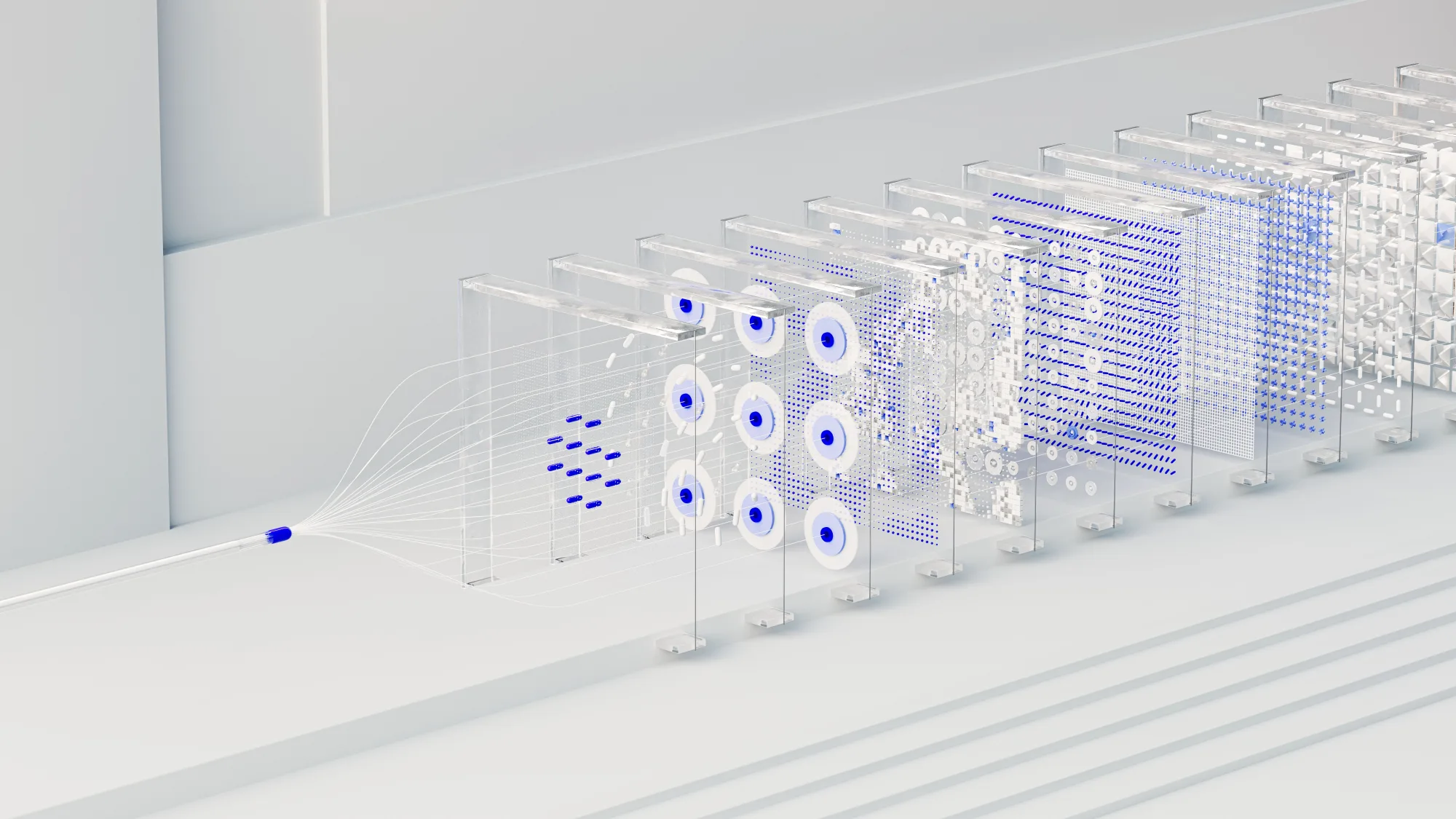 Abstract layered lattices of nodes scaling outward — building AI